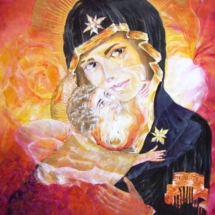 Virgin of Tenderness. Acrylic on wood 1,40 x 1,40 m. 2009. Inspired in the Russian icon Virgin of Vladimir.
