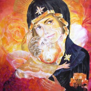 Virgin of Tenderness. Acrylic on wood 1,40 x 1,40 m. 2009. Inspired in the Russian icon Virgin of Vladimir.-donated