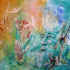 Rostropovich welcomes Solzenitsin. Acrylic on canvas. 1 x 1 m. For Rostropovich’s Memorial. 2008