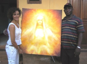 Virginia & Gabin (MSF worker) who helped her to obtain canvases in a conflict environment with limited resources, 2011.