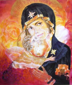 Virgin of Tenderness. Acrylic on wood 1,40 x 1,40 m. 2009. Inspired in the Russian icon Virgin of Vladimir.