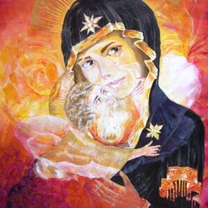 Virgin of Tenderness. Acrylic on wood 1,40 x 1,40 m. 2009. Inspired in the Russian icon Virgin of Vladimir.-donated